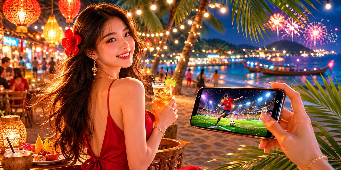 Người chơi tại chợ đêm Phú Quốc đặt cược bóng đá và kiểm tra giao dịch thanh toán